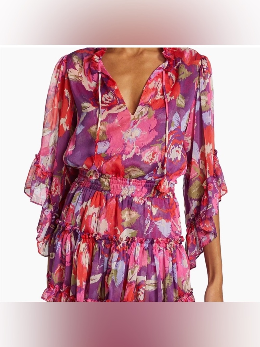 MISA Los Angeles Floral Ruffle Mini Dress M Boho Romantic Sheer Sleeve Festival